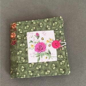 Handmade Floral Quilted Green Button Needle Book